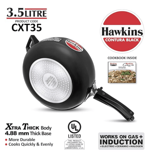 Hawkins 3.5 Litre Contura Black XT Pressure Cooker, Hard Anodised Inner Lid Cooker, Induction Cooker, Handi Cooker, Black (CXT35) - Image 4